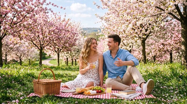 Couple enjoying a romantic picnic date amidst blooming cherry blossom trees in spring