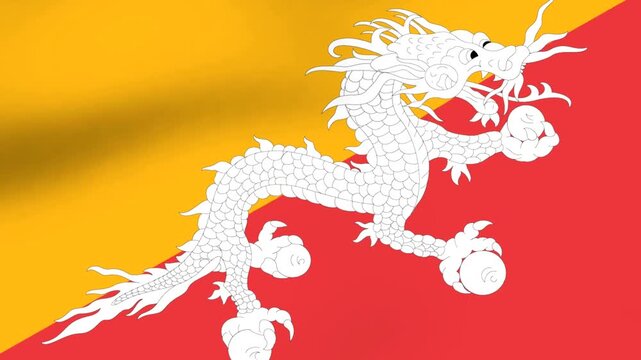 Waving flag of Bhutan with yellow and orange background and white dragon symbol