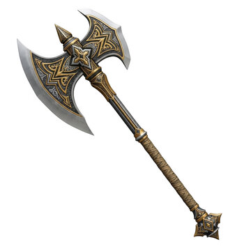 A large ornate double headed battle axe with a long handle