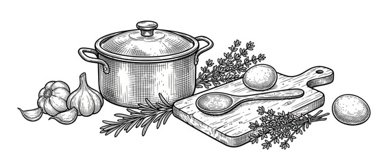 Vintage Cooking Ingredients Illustration with Pot and Garlic