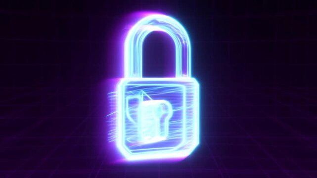 Neon keyhole glowing on futuristic purple grid background