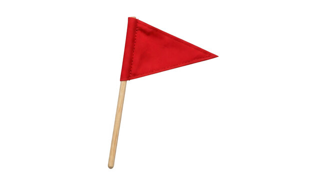Small red triangular flag on a wooden stick used for marking locations or sports events isolated on a plain surface isolated on transparent background