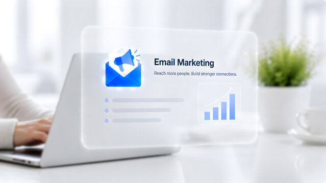 Email marketing concept with laptop and digital email campaign interface showing analytics chart. Online newsletter promotion, customer communication, digital marketing strategy, and business automati