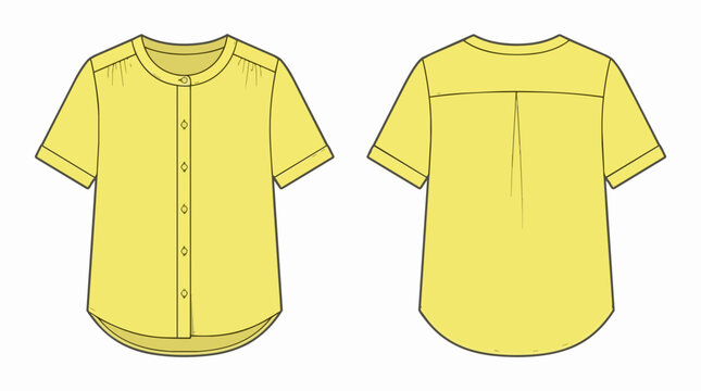 Yellow Women Short Sleeve Blouse Technical Flat Sketch Front and Back View Apparel Design Template Clothing