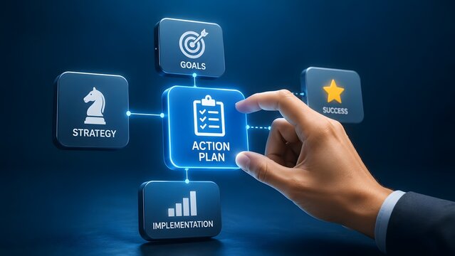 Businessman Hand Touching Glowing Action Plan Button On Futuristic Digital Strategy Interface Concept