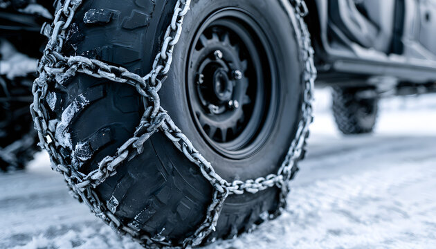 Heavy duty tire with metal snow chains, ready for winter conditions and challenging terrain, ensuring strong grip and mobility