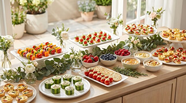 Fresh delicious food buffet with healthy snacks and appetizers on a long wooden table in a home kitchen