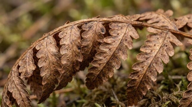 Close-up of dry brown fern leaf in autumn.