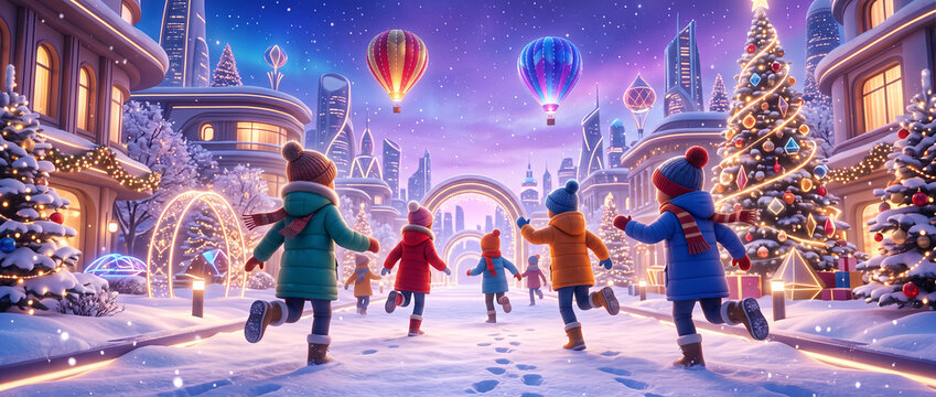 An illustration of children%27s fun and the vibrant colors of Christmas.