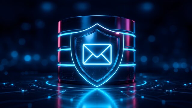 Futuristic data server cylinder featuring a glowing neon blue shield and envelope icon symbolizing advanced email security and digital privacy protection
