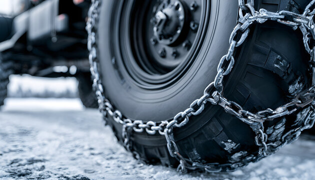 Heavy duty tire with metal snow chains, ready for winter conditions and challenging terrain, ensuring strong grip and mobility