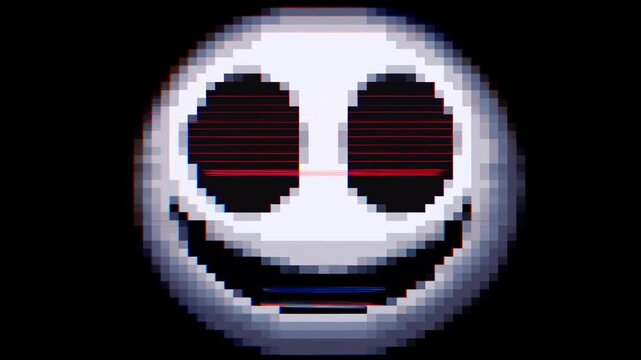 Pixelated smiling face with digital glitch effect centered on black background