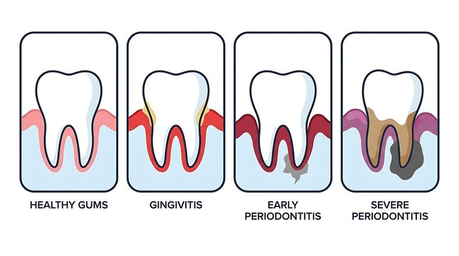 Medical diagram illustrating four progressive stages of periodontal disease including healthy gums gingivitis early periodontitis and severe periodontitis conditions