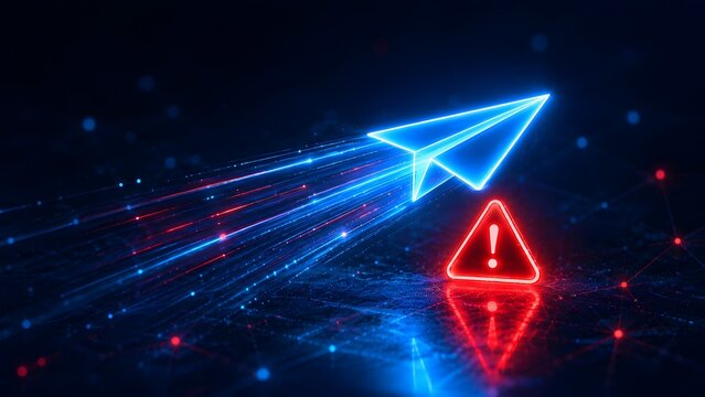 Glowing blue digital neon paper airplane speeding past a red warning sign representing failed message delivery spam alert and communication error in cyberspace