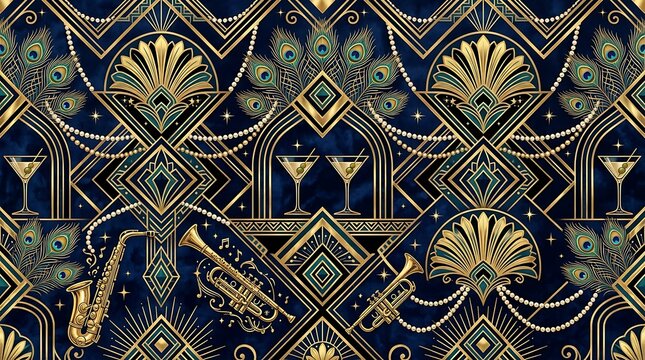 Luxury art deco seamless pattern with gold peacock feathers and jazz instruments on dark blue