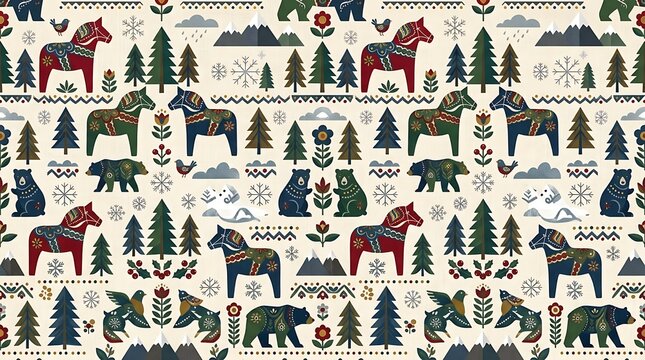 Nordic folk art seamless pattern with dala horses bears and pine trees on a cream background