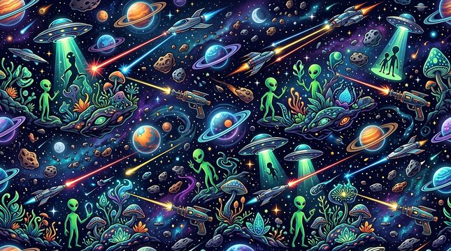 Vibrant alien sci-fi seamless pattern with UFOs, aliens, planets, and spaceships.