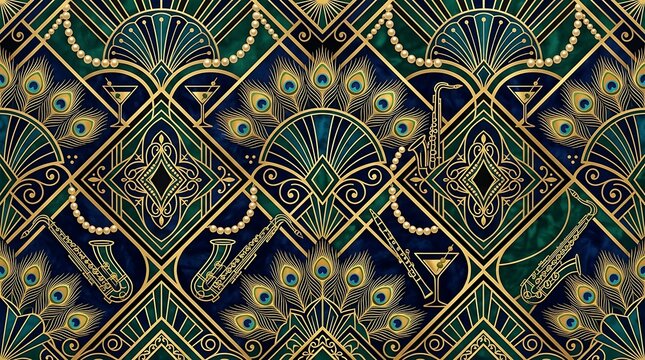 Elegant Art Deco seamless pattern design with peacock feathers, gold, and geometric shapes.