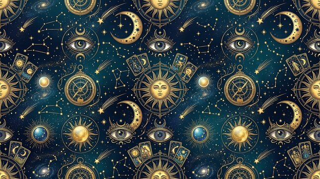 Celestial astrology seamless pattern with sun, moon, stars, and mystic symbols.