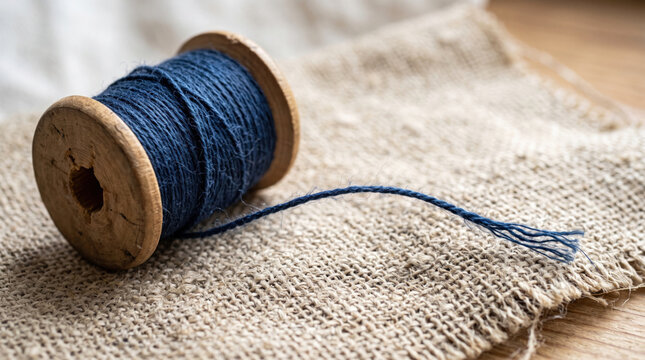 Vintage blue lace on a wooden spool with textured fabric background