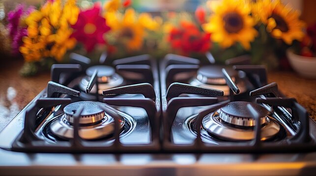 Modern FourBurner Gas Stove Top with Colorful Flowers in Background.