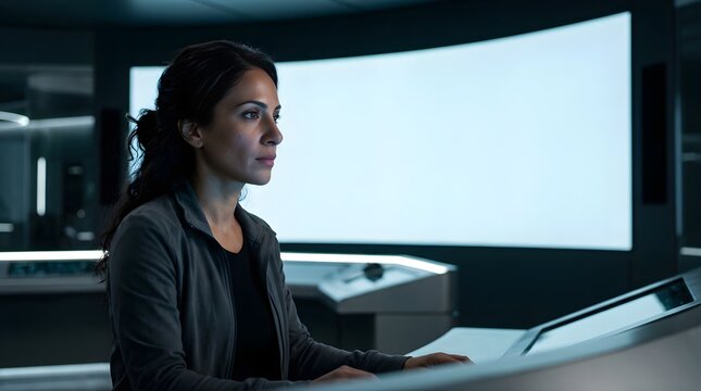Focused woman working at a futuristic computer station in a dark office