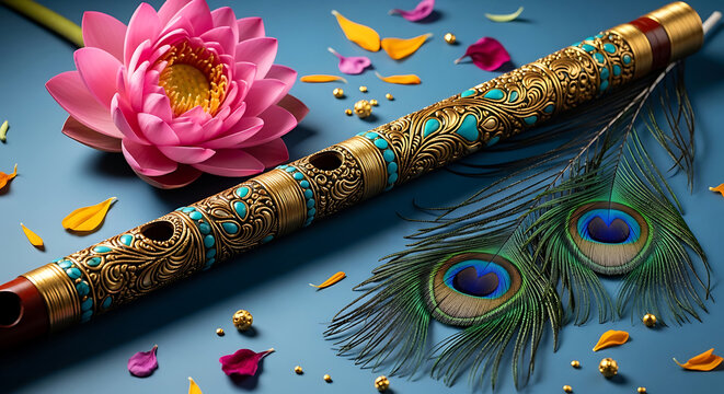 Ornate golden flute with peacock feathers and lotus flower