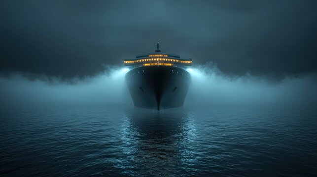 Mysterious Luxury Yacht Navigating Through Foggy Waters at Night.