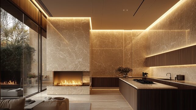 Modern Luxury Living Room and Kitchen with Fireplace and Ambient Lighting.