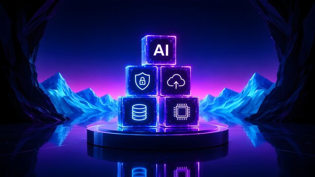 Futuristic neon glowing blocks with artificial intelligence and cloud computing icons stacked on podium against cyber mountain landscape