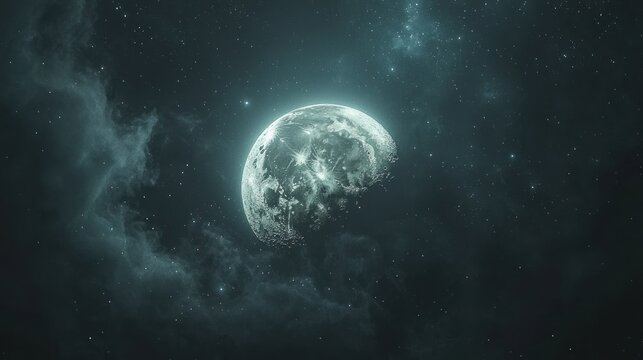 Mysterious Glowing Planet in Deep Space Surrounded by Nebulae.