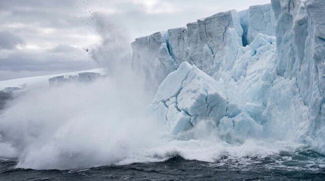 Desprendimiento masivo de glaciar cayendo al oc&eacute;ano oscuro