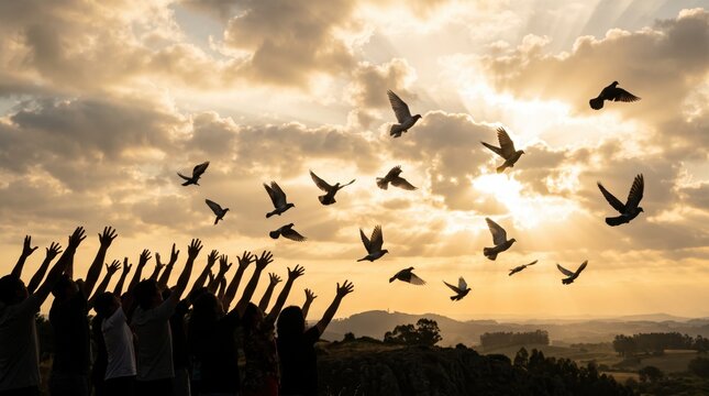 Silhouettes of people releasing doves into the sky at sunset, symbolizing peace, freedom, hope, and unity, spiritual moment with birds flying towards golden clouds and light rays.
