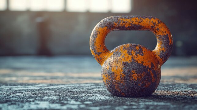 Old Rusty Kettlebell on a Textured Surface in a Gym.