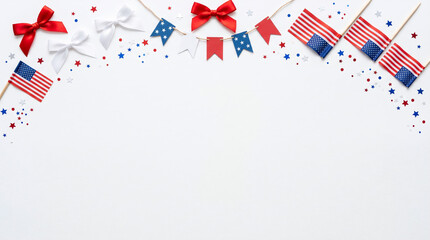 Obraz premium Mini country flags, red ribbons, and star confetti arranged on a plain white background 