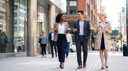 Fototapeta premium Diverse business colleagues walking together city street urban professional photography