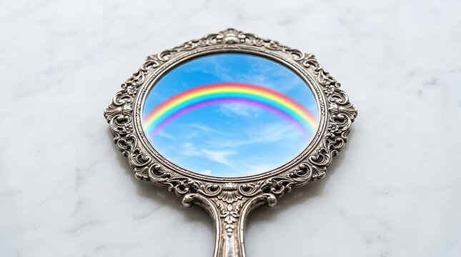 Antique hand mirror reflecting a vibrant rainbow and blue sky on a white marble surface