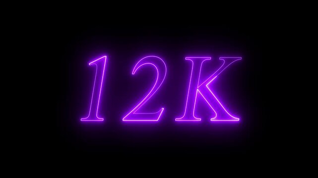 Glowing Purple Neon 12K Text Milestone Animation on Black Background - Futuristic 12 Thousand Followers Subscribers Views Counter Graphic Element for Social Media Video Overlays and Marketing