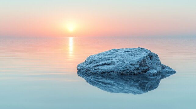 Serene Sunrise Over Calm Water With Single Rock Reflection.