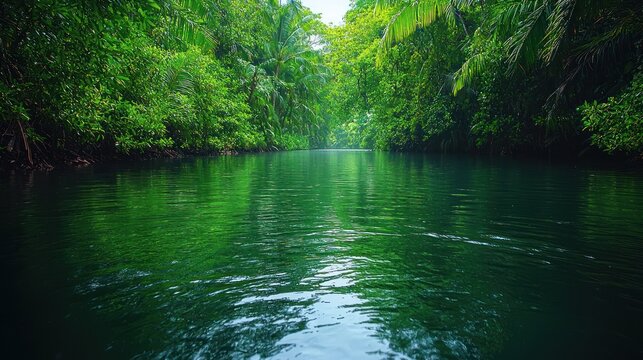 Serene River Flowing Through Lush Tropical Rainforest Canopy.