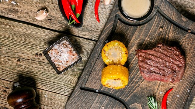 Close up overhead view of rustic wooden surface scattered with cinnamon sticks red chilies and spices for warm autumn baking inspiration