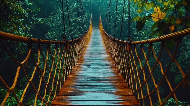 Suspension Bridge Path Through Lush Green Forest Canopy.