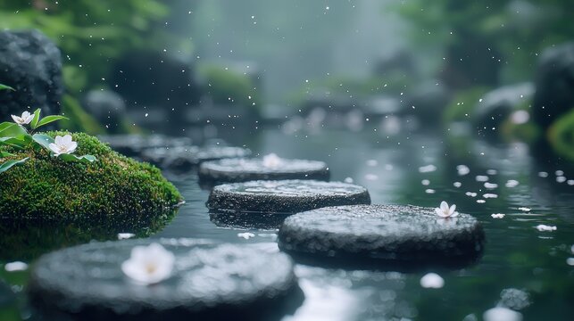Tranquil Zen Garden Stepping Stones in Gentle Rain.