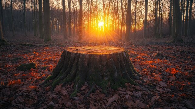 Tree Stump in Forest During Golden Hour Sunset.