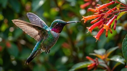 Naklejka premium Iridescent hummingbird feeding from red tubular flowers