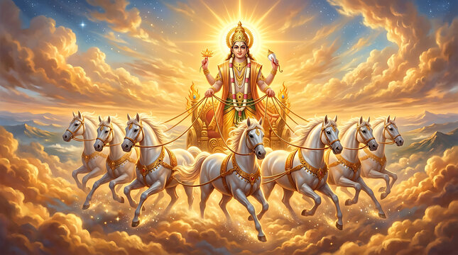 Surya dev, the sun god, riding a golden chariot pulled by seven white horses in the sky