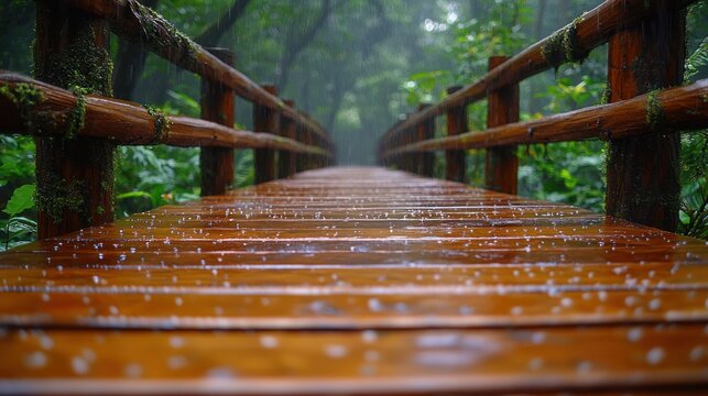 Wooden Bridge in a Misty Rainforest After Rain.