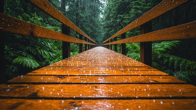 Wooden Boardwalk Path Through Lush Rainforest After Rain.