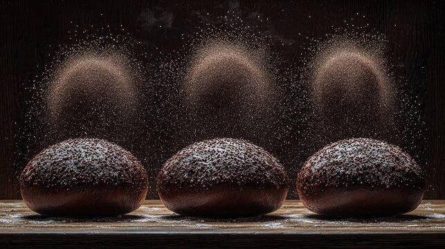 Three Dark Chocolate Truffles Sprinkled with Cocoa Powder in Dramatic Lighting.