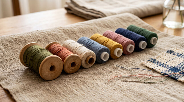 Colorful spools of thread arranged on linen fabric with sewing notions nearby